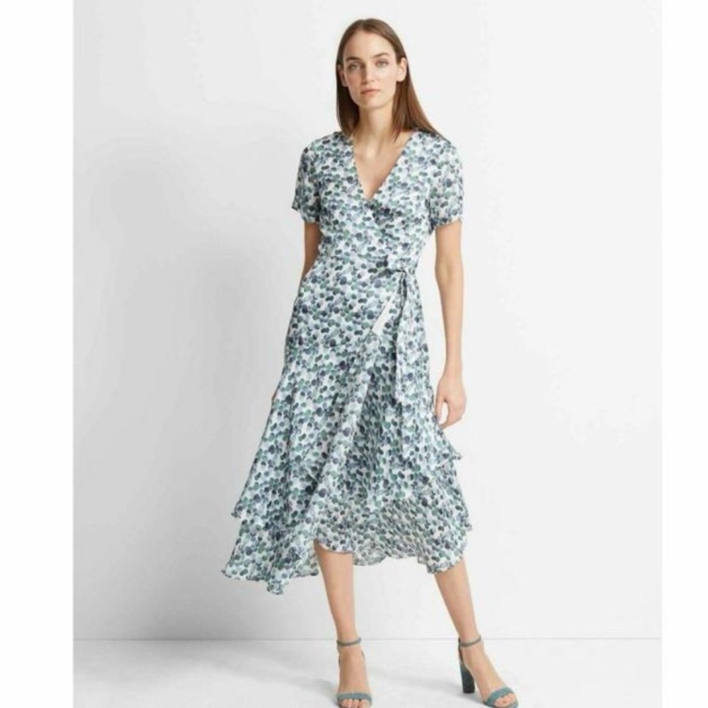 Club Monaco Blue-Green Floral Wrap Midi Dress